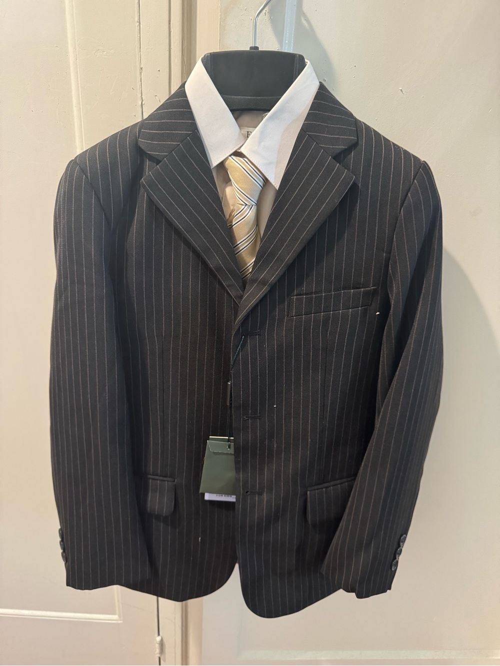 4 pc Boys Black Pinstripe Blazer with White Shirt and Gold Tie